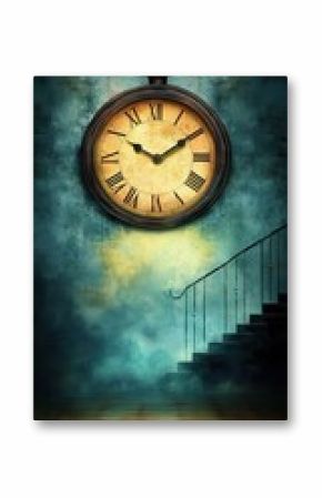 A vintage pocket watch hangs above a stairway in a dimly lit, antique-style room, evoking a sense of mystery and the passage of time  Foggy teal walls
