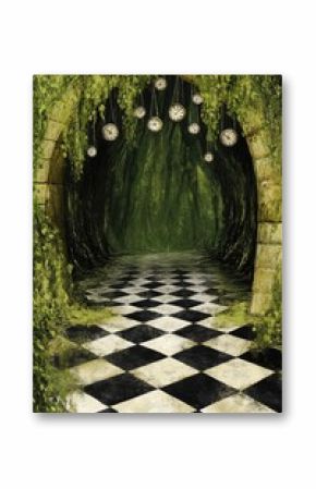A surreal, overgrown archway, lined with hanging clocks, leading into a lush,  time-warped tunnel