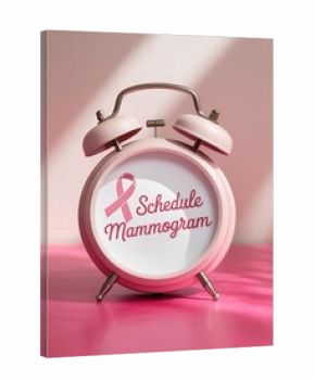 Pink clock with 'Schedule Mammogram' reminder and awareness ribbon.
