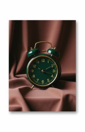 Vintage Style Dark Green Twin-Bell Alarm Clock with Gold Details on Draped Dusty Rose Fabric - Home Decor and Time Concept