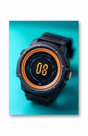 Black and Orange Digital Watch Product Shot on Teal Background