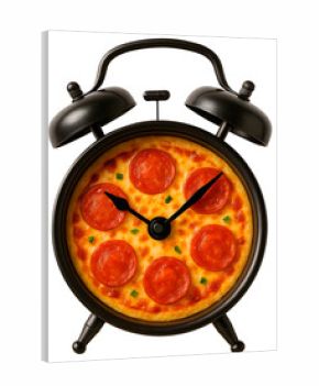 Pizza time concept. Black alarm clock with a pizza instead of a dial on transparent background