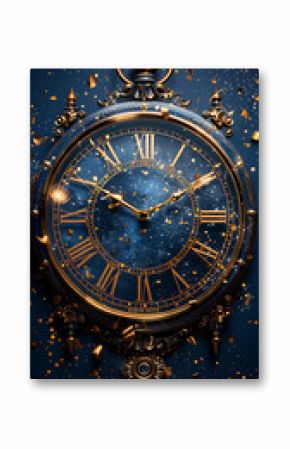 Antique gold clock face with roman numerals and blue background