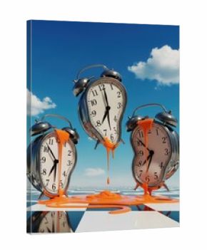 Surreal time concept with melting clocks against a blue sky backdrop