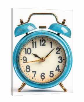 Old-fashioned blue metal twin bell alarm clock with vintage distressed look showing time nine o'clock and ten seconds on white background