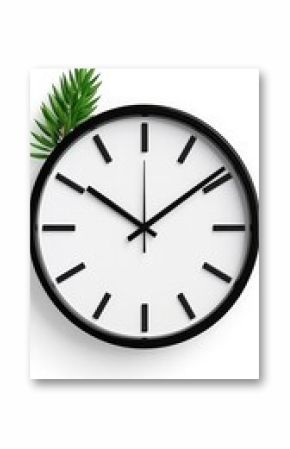 This modern wall clock features a black frame and a large white face, elegantly placed on a wooden table next to a green potted plant, enhancing the interior decor