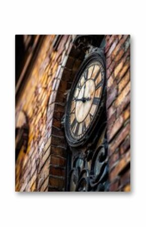 Old clock showing five o'clock on brick wall of abandoned building