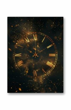 Golden Abstract Clock Face Over Dark Glitter Background for New Year Countdown and Luxury Events