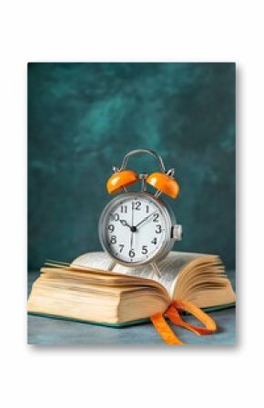 A vintage silver alarm clock rests on an open book, showcasing a tranquil study scene. The orange accents add a pop of color against a soft background