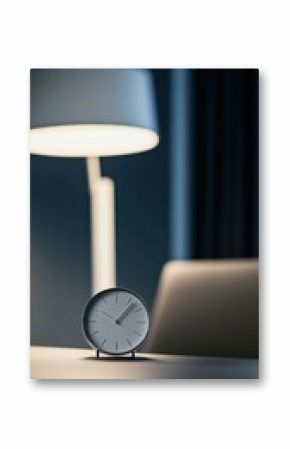 Table clock placed on a sleek desk, soft ambient lighting, clean modern design,