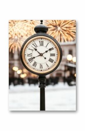 A vintage clock stands prominently in a snowy landscape, surrounded by festive fireworks, creating a celebratory atmosphere.
