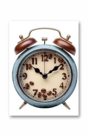 Vintage blue alarm clock with coffee bean accents, perfect for coffee lovers and nostalgic decor. Isolated on transparent white background, png