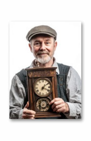 Vintage clock restoration - craftsman holding antique timepiece in studio setting