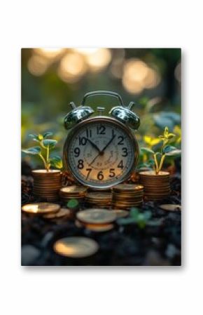 Classic silver alarm clock surrounded by gold coins and plants in natural light setting