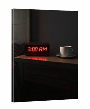 Moody Nighttime Setting With a Digital Alarm Clock Displaying Three A.m. Coffee and insomnia