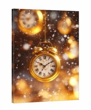Golden alarm clock hanging against a bokeh background with falling snowflakes, evokes a feeling of anticipation and celebration