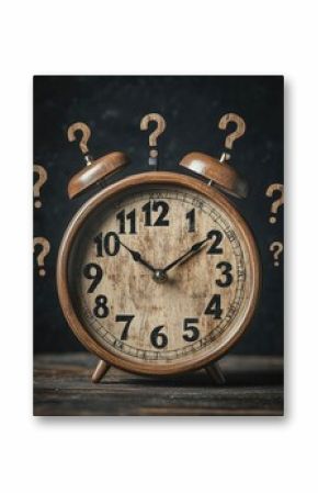 Vintage wooden alarm clock featuring black numbers, showing time clearly. Multiple wooden question marks surround the classic timekeeping device on a dark background, presenting an inquiry and time co