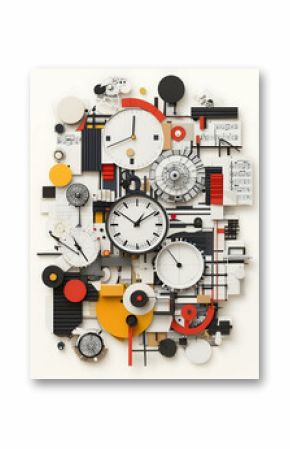 Abstract Collage of Clocks and Geometric Shapes in Red White and Black