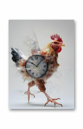 Brown Chicken with Clock in Water Splash Against Light Background
