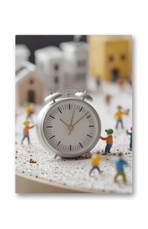 Silver Alarm Clock in Miniature Cityscape Diorama