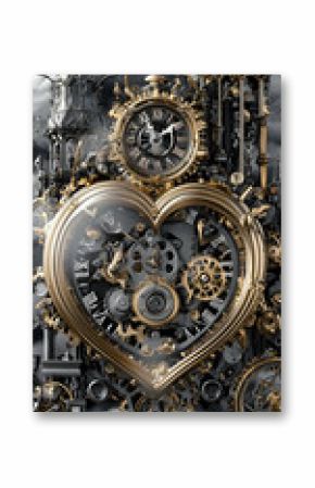 Intricate Clockwork Heart Mechanism with Gothic Towers in Dark Clouds