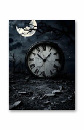 Antique Clock in a Dark, Moonlit Ruin