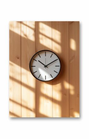 Minimalist clock on a wooden wall illuminated by sunlight creating shadows for a serene and modern aesthetic.