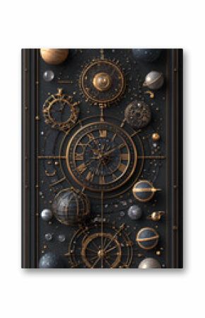 Dark Cosmic Clock with Gold Planets and Glitter