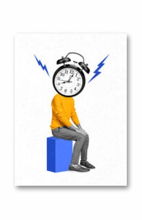 Vertical collage image of mini black white gamma person sitting podium cube big vintage clock bell ring instead head