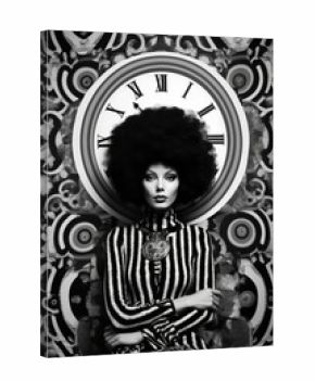 Fictional Character Created By Generated AI.Fashionable woman with afro hairstyle posing in front of a clock