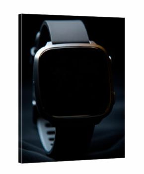 Smartwatch moderno, con funciones de seguimiento de salud y estado físico. Elegante modelo de reloj inteligente con pantalla vacía en fondo oscuro. 