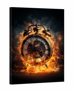 Fiery alarm clock in inferno, concept of urgency and deadline.