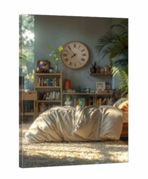 A cozy bedroom with bed, desk, bookshelf, and clock on the wall, inviting relaxation and comfort in a tranquil space