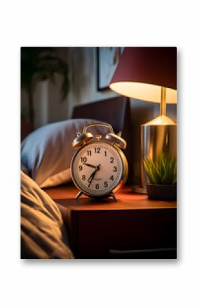 Alarm clock on the nightstand next to the bed in a bedroom