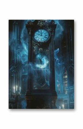 Haunting Midnight Clock with Ghostly Apparitions - Design for Halloween, Mythology, and Nightmare Themes