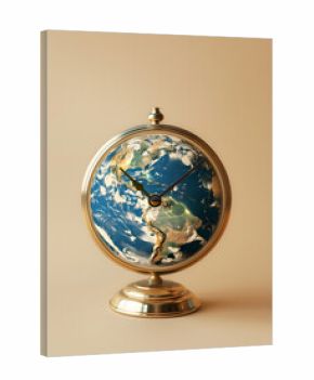 The earth as a clock on a beige background, front view, close-up, minimalist, in the advertising style. 