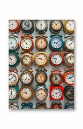 Colorful wall composed of many vintage square clocks showing different times