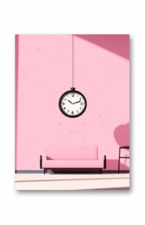 Mid-Morning Scene with Antique Clock Floating in Modern Pink Room, Featuring Minimalist Furniture and Surreal Elements