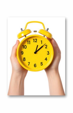 PNG Yellow table clock holding hand white background.