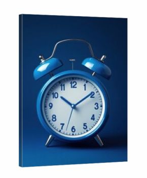Vintage blue alarm clock against solid blue background with classic twin bells design