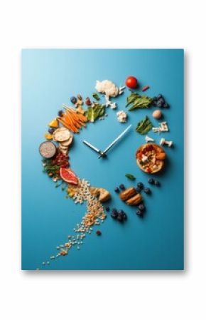 A creative arrangement of healthy food forming a clock shape on a vibrant blue background.