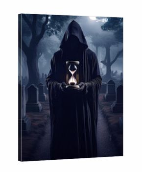 la muerte en un cementerio con un reloj de arena entre sus manos  