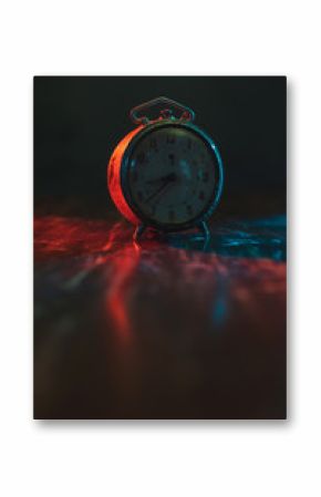 Dusty old alarm clock on worn wooden table at night.