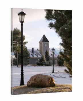 The clock tower is surrounded by pines and firs and street lights in a strong blizzard, winter evening. ...