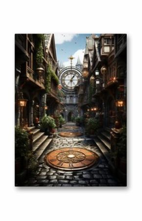 A cobblestone street with clock faces and a large clock tower in a fantasy city scene view