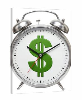 Silver alarm clock with green dollar sign on face, isolated on a transparent background