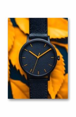 Black Wristwatch with Textured Band Against Orange Leaves