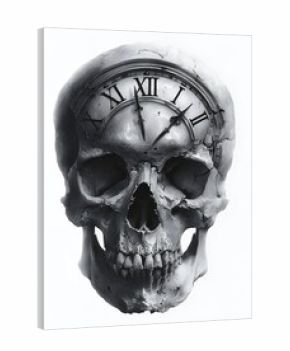 skull illustration with clock roman numerals black and white artistic dark gothic drawing