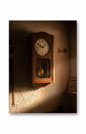 A vintage wooden wall clock hangs in a dimly lit room, bathed in warm sunlight, near framed photos and tools.