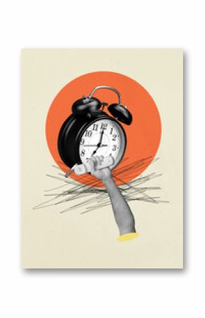 Vertical art 3d creative image collage of human hand hold alarm clock deadline ring early morning expire timepiece schedule